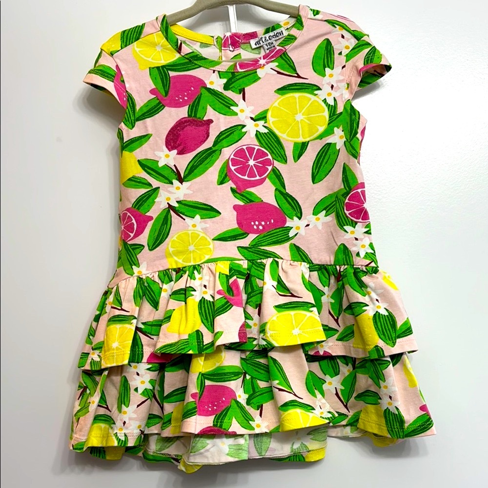 Art & Eden Yellow and Green Fit and Flare Dress with Flutter Sleeves